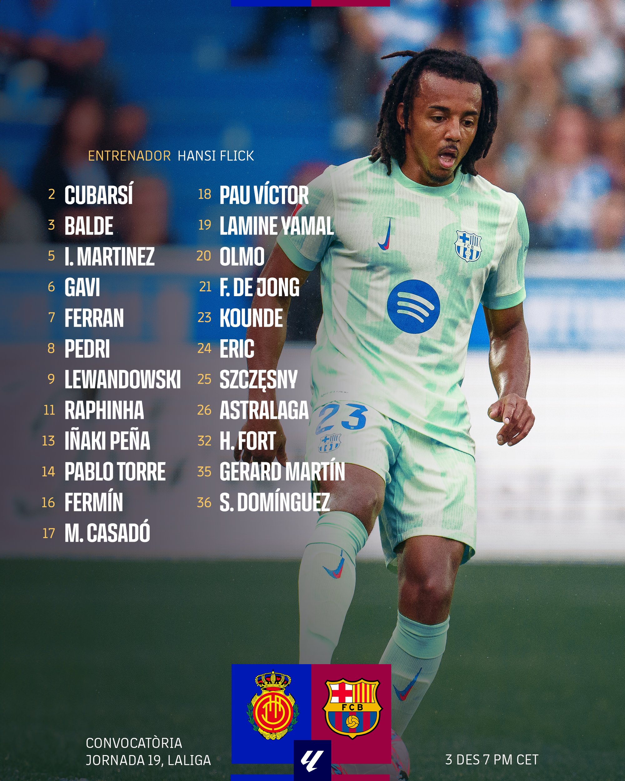 巴萨客战马略卡大名单：莱万、亚马尔领衔，卡萨多解禁回归